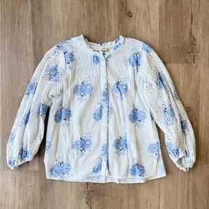 LoveShackFancy White Blouse with Blue Floral Pintuck Details SMALL